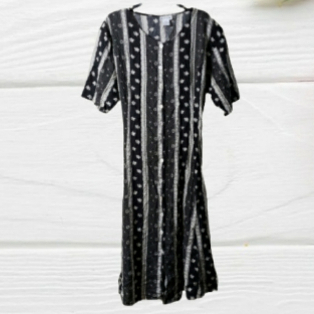 Black White Button Down Dress Vintage M (XL?)